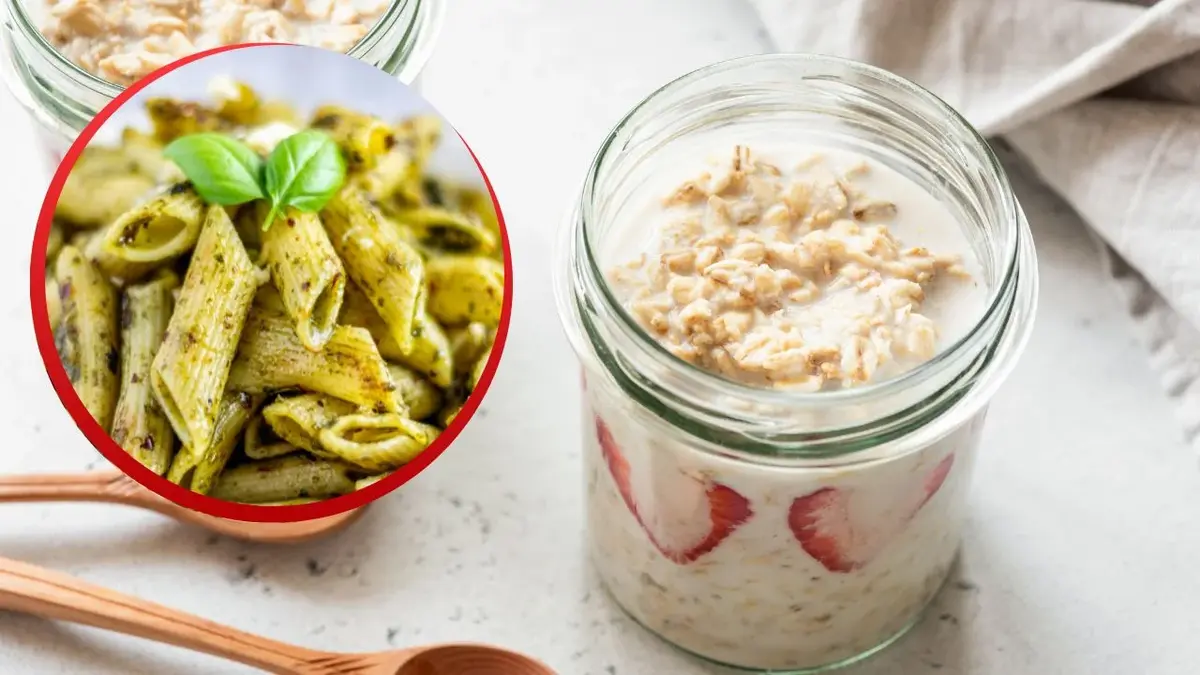 Jedzenie do pracy: owsianka w słoiku i zdjęcie makaronu z zielonym pesto.