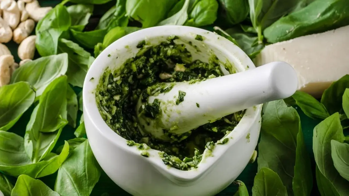 zielony sos pesto w białym moździerzu 