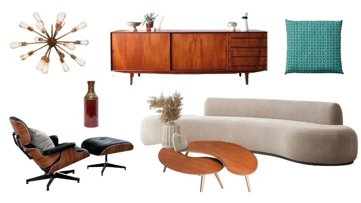 Kolaż mid-century modern: szara sofa, fotel-otomana, stoliki-nerki, drewniana szafka, zielona poduszka, żyrandol, wazon