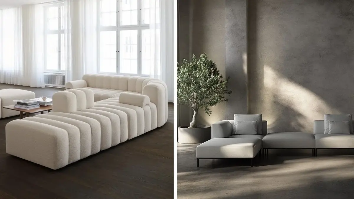 Kolaż: biała sofa modułowa, szara sofa modułowa