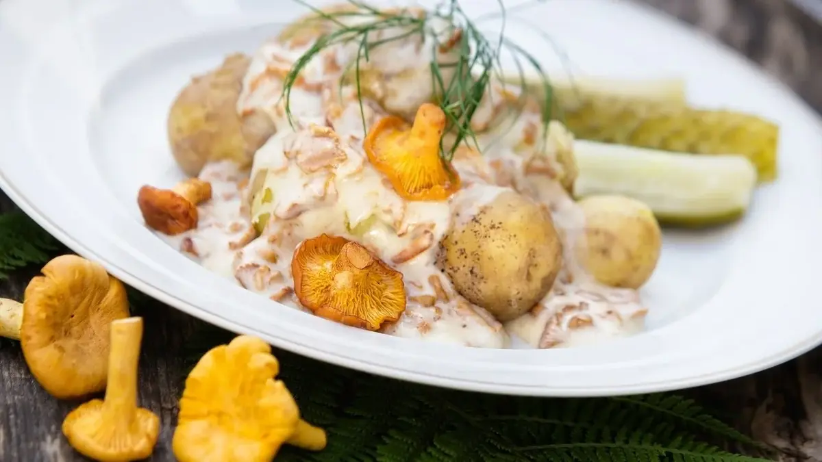 sos kurkowy kurki ziemniaki ogórki koperek na talerzu