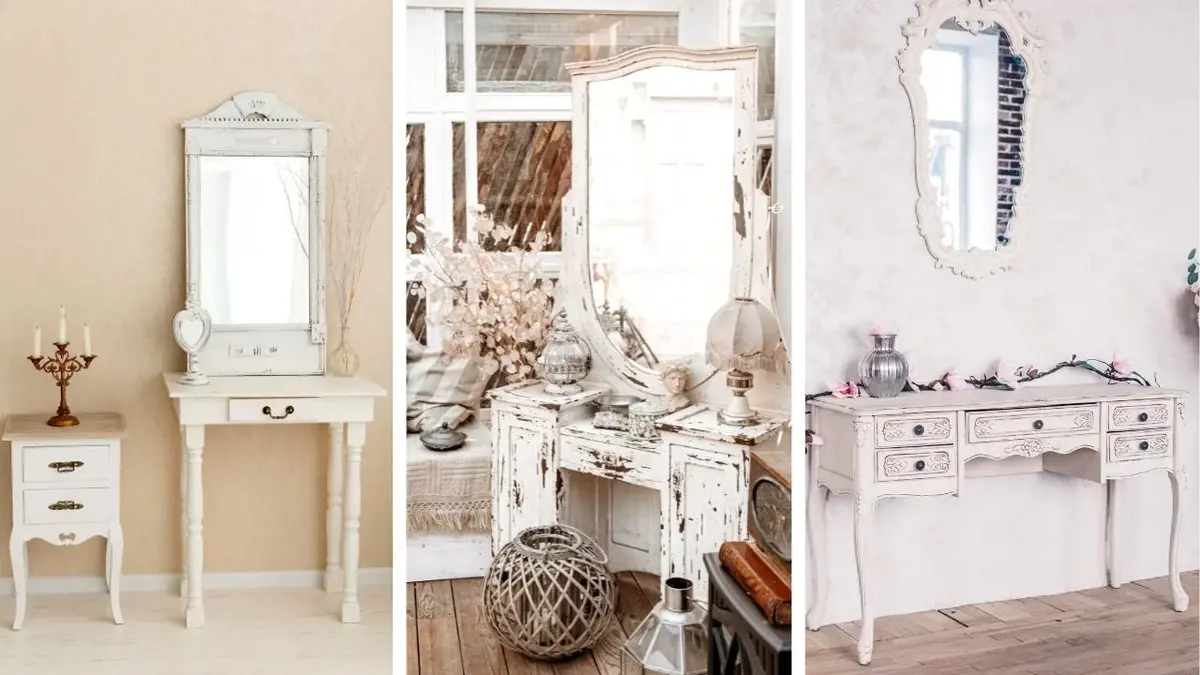 Kolaż: trzy białe toaletki w stylu prowansalskim, shabby chic i rokoko