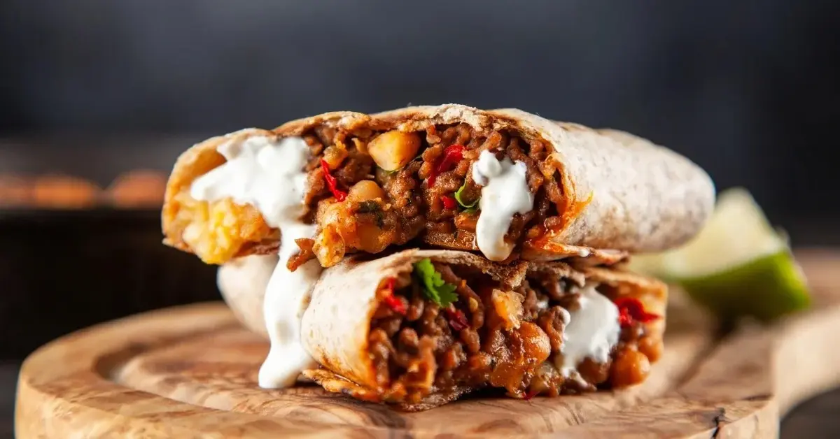 Burrito przekrojone na pół na drewnianej desce