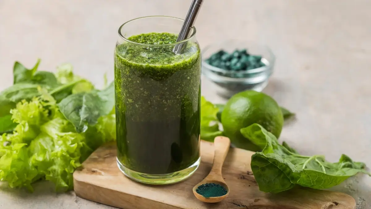 Koktajl ze spiruliną i zielonymi warzywami w wysokiej szklance 