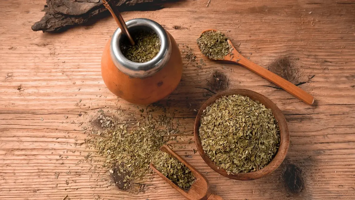 Yerba Mate w naczyniu do picia, obok miseczka z suszoną yerbą