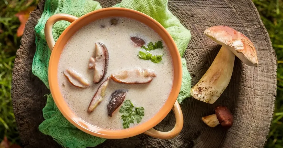 Zupa borowikowa w miseczce, obok świeży borowik