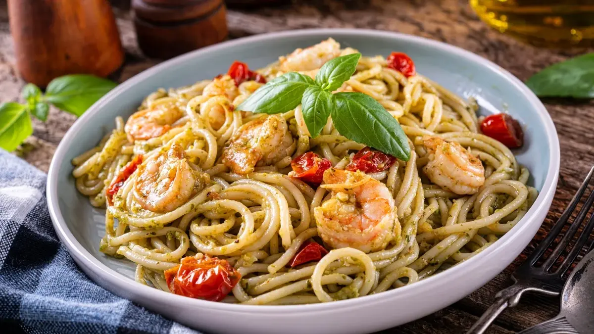 Spaghetti z pesto i grillowanymi krewetkami na głębokim talerzu 