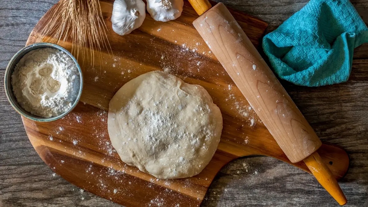 Ciasto na pizzę i składniki (mąka w miseczce, czosnek) na drewnianej desce - obok drewniany wałek do ciasta