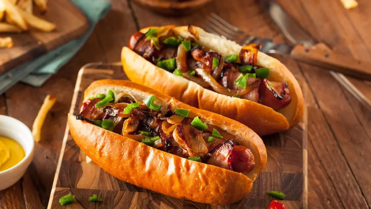 Hot dogi z grillowanymi kiełbaskami polane ketchupem i musztardą